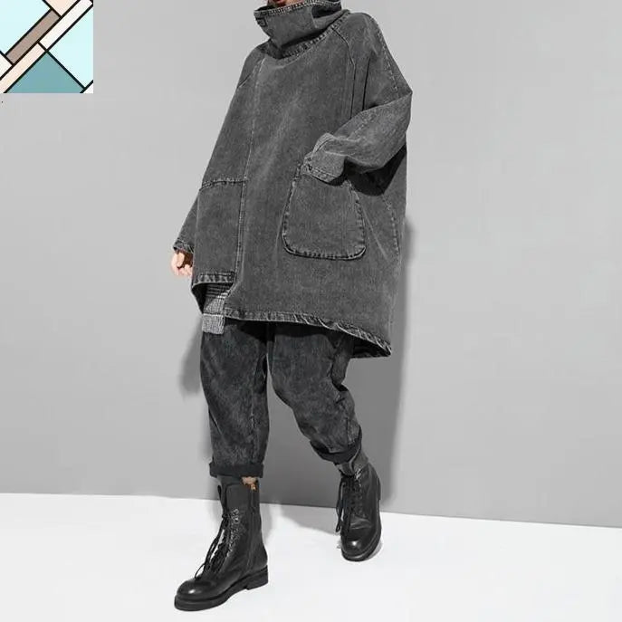 Reon Turtleneck Loose Denim Sweatshirt by Marigold Shadows MARIGOLD SHADOWS