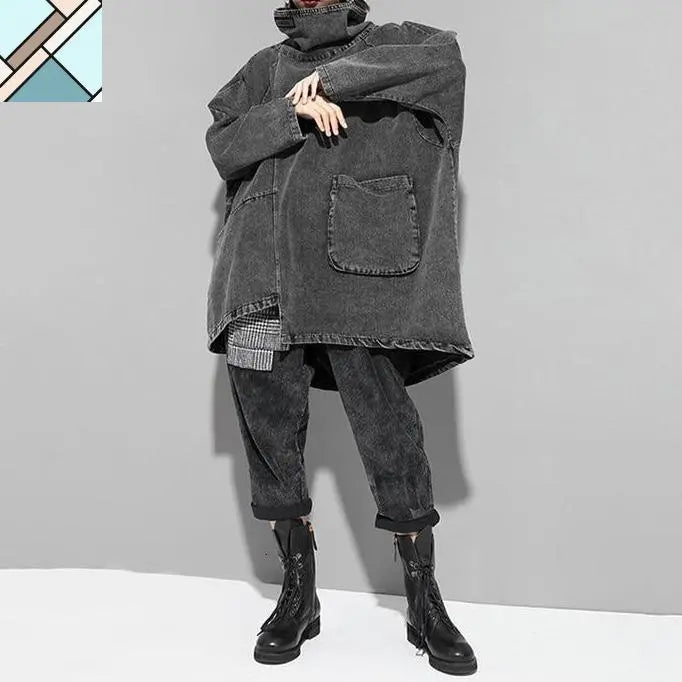 Reon Turtleneck Loose Denim Sweatshirt by Marigold Shadows MARIGOLD SHADOWS