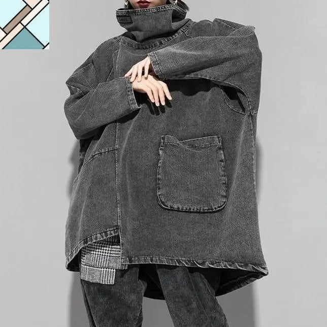 Reon Turtleneck Loose Denim Sweatshirt by Marigold Shadows MARIGOLD SHADOWS