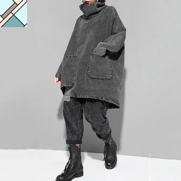 Reon Turtleneck Loose Denim Sweatshirt by Marigold Shadows MARIGOLD SHADOWS