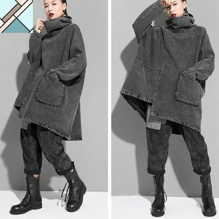 Reon Turtleneck Loose Denim Sweatshirt by Marigold Shadows MARIGOLD SHADOWS