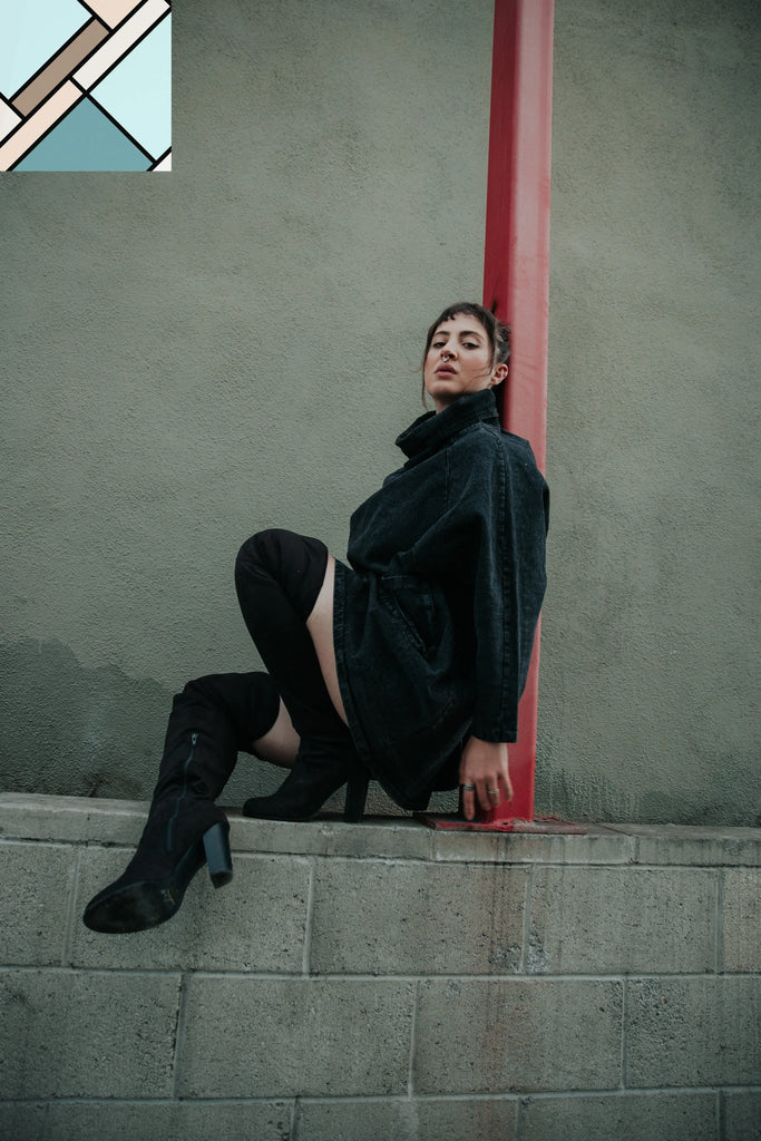 Reon Turtleneck Loose Denim Sweatshirt by Marigold Shadows MARIGOLD SHADOWS