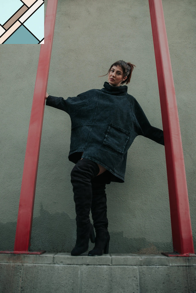 Reon Turtleneck Loose Denim Sweatshirt by Marigold Shadows MARIGOLD SHADOWS