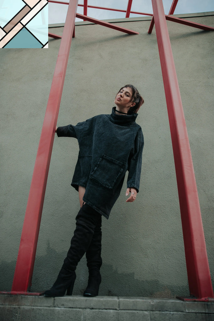 Reon Turtleneck Loose Denim Sweatshirt by Marigold Shadows MARIGOLD SHADOWS