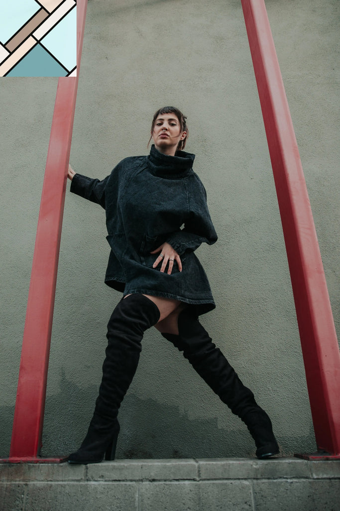 Reon Turtleneck Loose Denim Sweatshirt by Marigold Shadows MARIGOLD SHADOWS