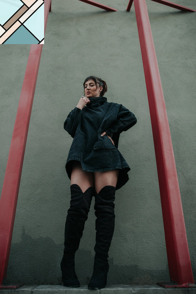 Reon Turtleneck Loose Denim Sweatshirt by Marigold Shadows MARIGOLD SHADOWS