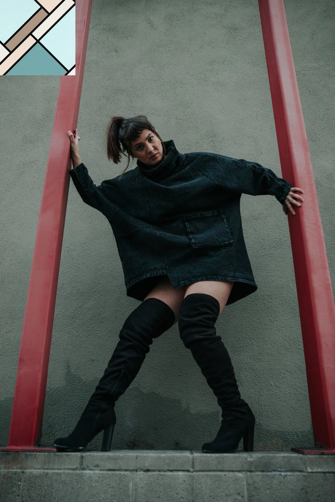 Reon Turtleneck Loose Denim Sweatshirt by Marigold Shadows MARIGOLD SHADOWS