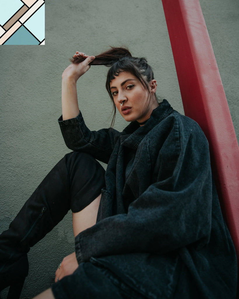 Reon Turtleneck Loose Denim Sweatshirt by Marigold Shadows MARIGOLD SHADOWS