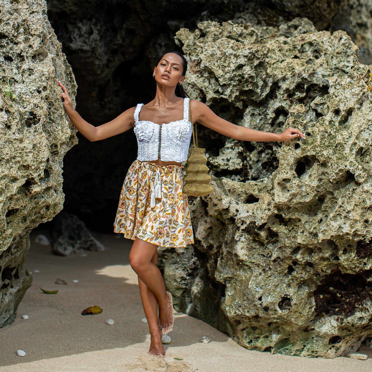 SEKAR Floral Batik Skorts in Marigold Yellow