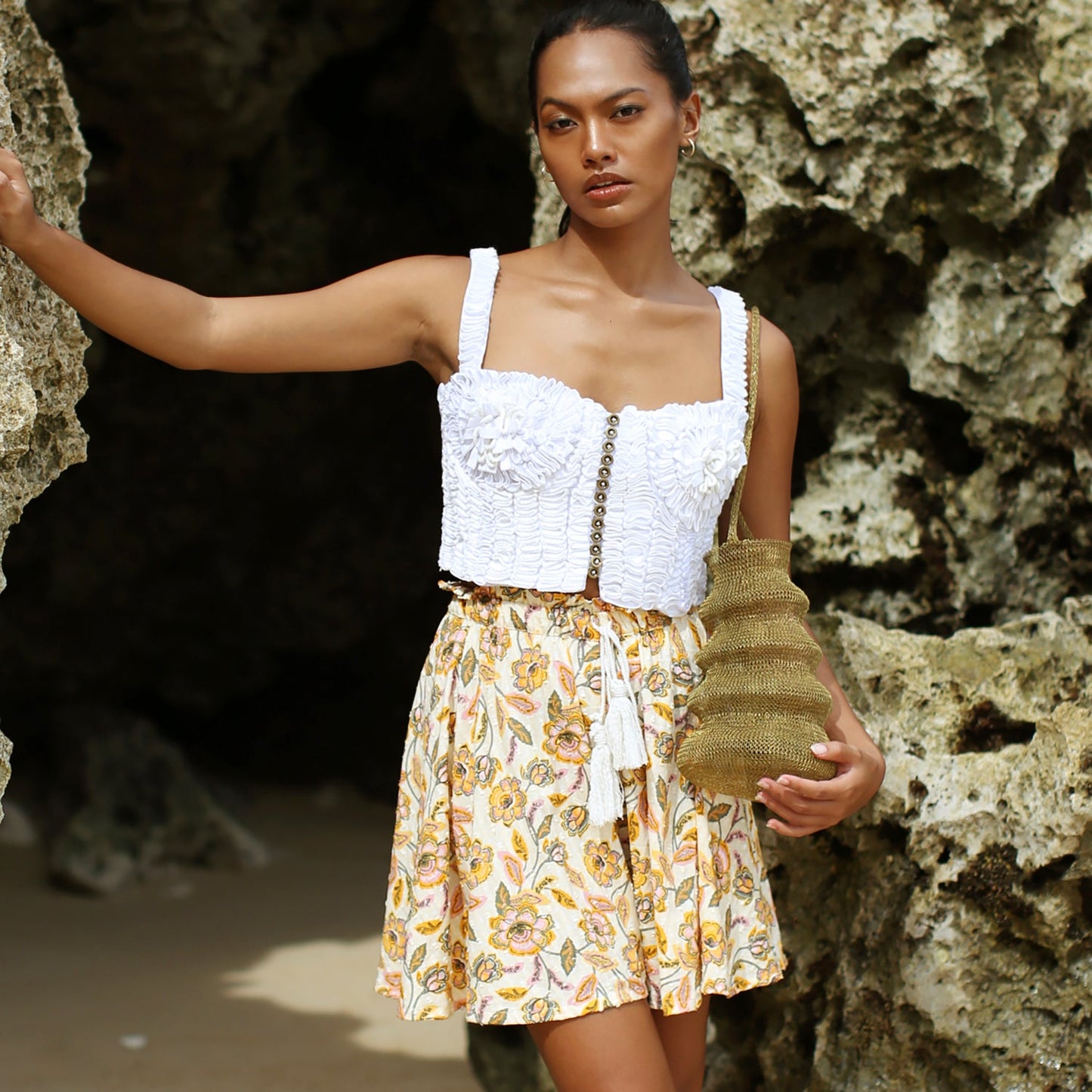 SEKAR Floral Batik Skorts in Marigold Yellow