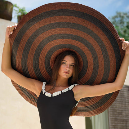 The Solana Oversized Striped Straw Hat in Brown & Black