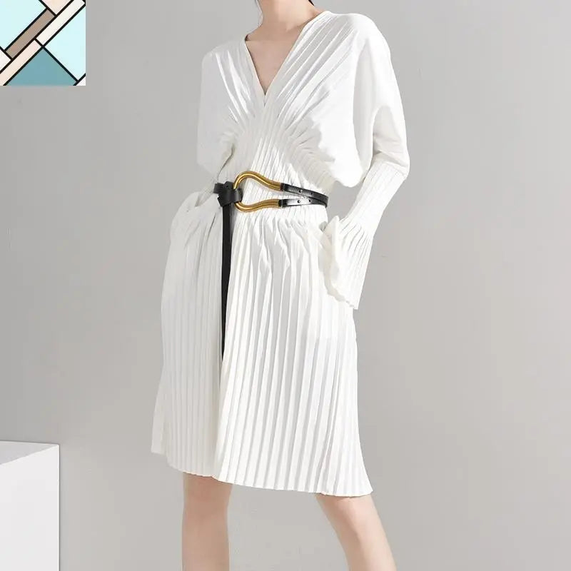 Sakiya Pleated Long Sleeve Shirt Dress - White by Marigold Shadows MARIGOLD SHADOWS