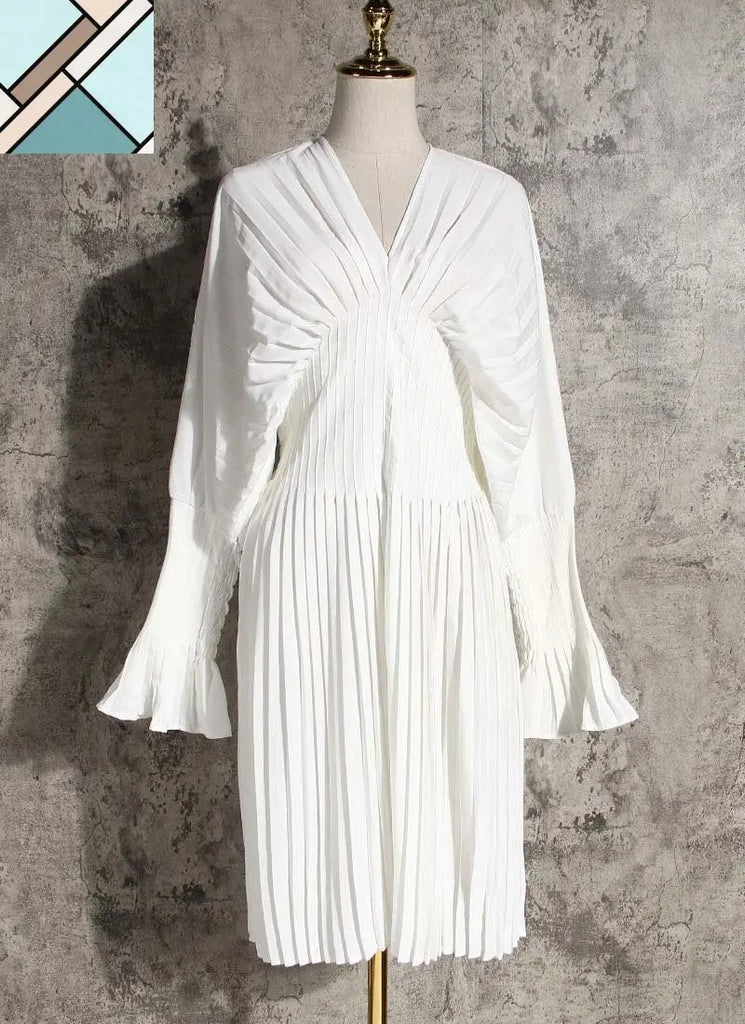 Sakiya Pleated Long Sleeve Shirt Dress - White by Marigold Shadows MARIGOLD SHADOWS