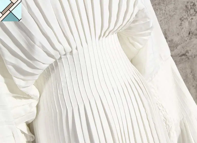 Sakiya Pleated Long Sleeve Shirt Dress - White by Marigold Shadows MARIGOLD SHADOWS