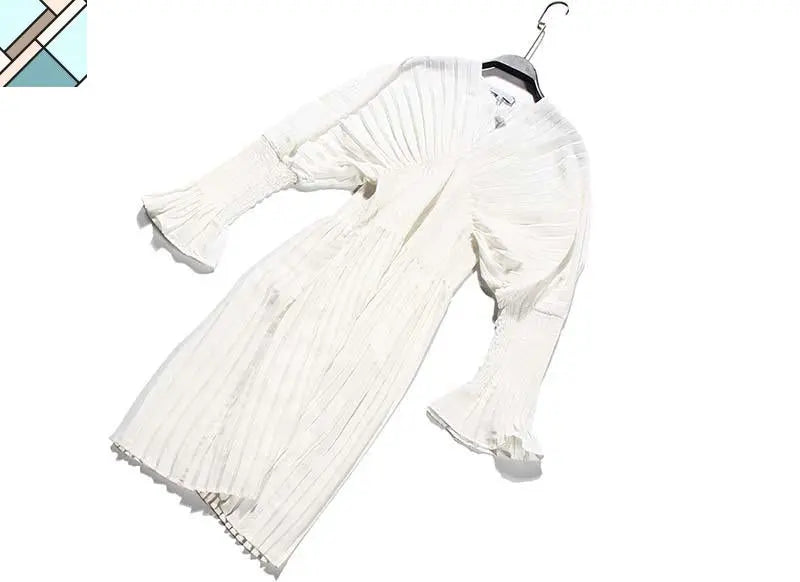 Sakiya Pleated Long Sleeve Shirt Dress - White by Marigold Shadows MARIGOLD SHADOWS