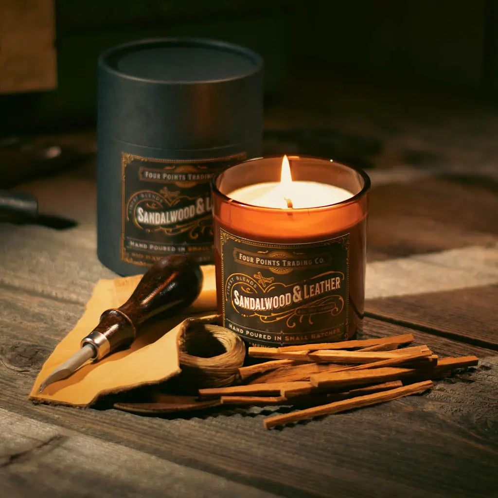 Sandalwood & Leather 8oz Soy Scented Candle by Four Points Trading Co. FOUR POINTS TRADING CO.