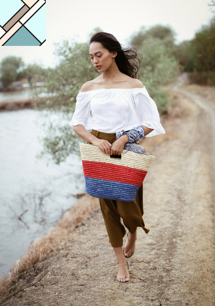 Sayan Raffia Tote Bag, in Red & Blue by BrunnaCo BRUNNA CO