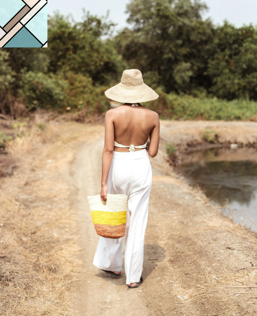 Sayan Raffia Tote Bag, in Yellow & Beige by BrunnaCo BRUNNA CO