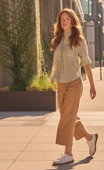 Good Girlfriend Shirt With Ruffle Trim Menswear Stripe Olive