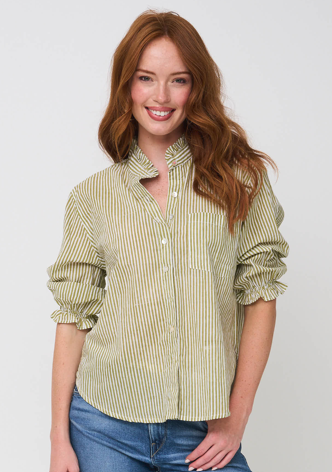 Good Girlfriend Shirt With Ruffle Trim Menswear Stripe Olive