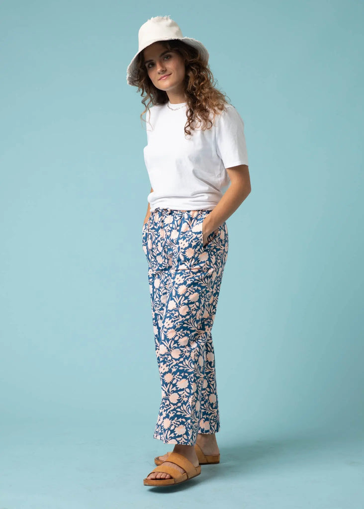 Shore Pant - Floral Escape in True Navy & Neon Peach by And For Good And For Good