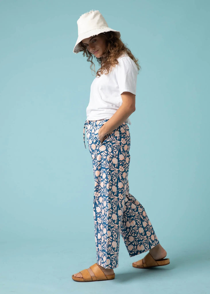 Shore Pant - Floral Escape in True Navy & Neon Peach by And For Good And For Good