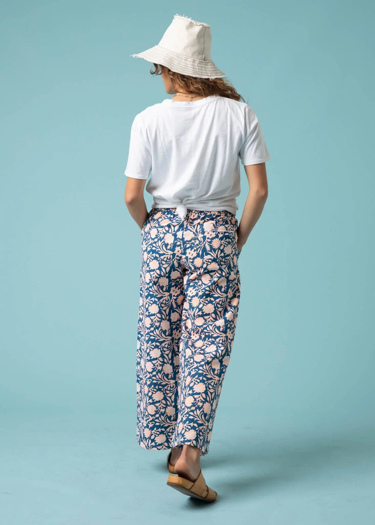 Shore Pant - Floral Escape in True Navy & Neon Peach by And For Good And For Good