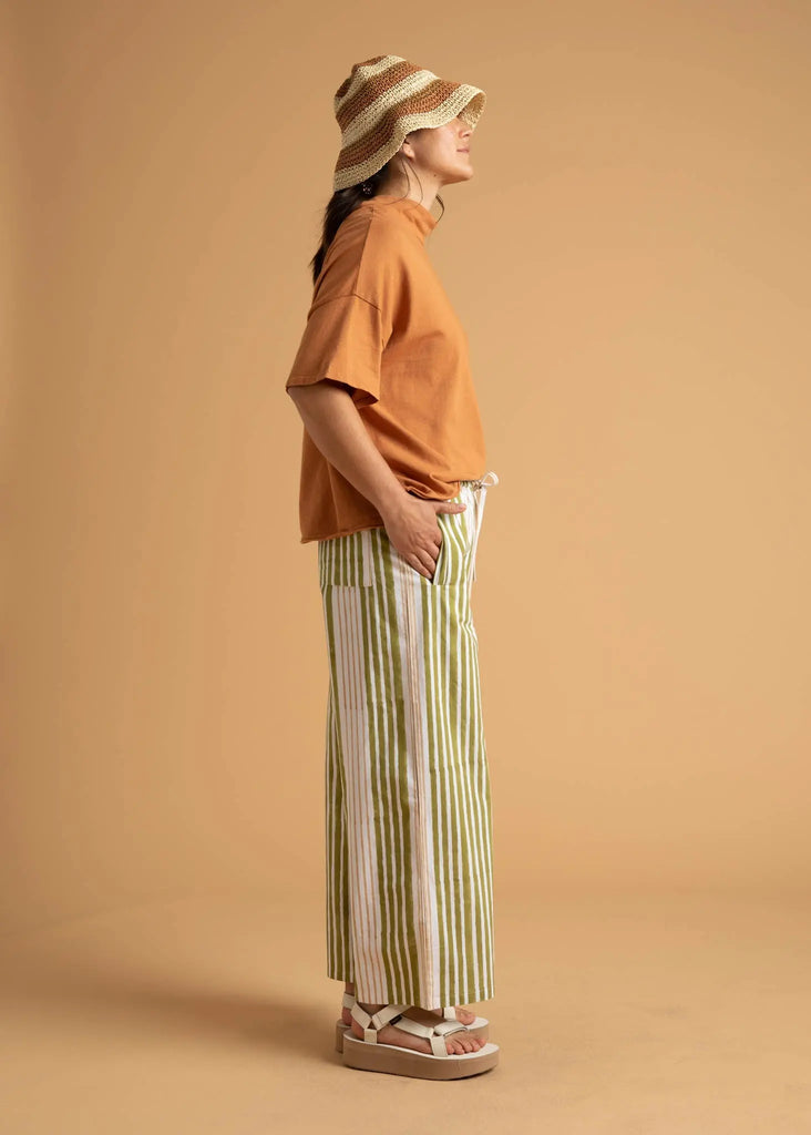 Shore Pant - Mixed Up Stripe Baked Clay & Olive Oil by And For Good And For Good