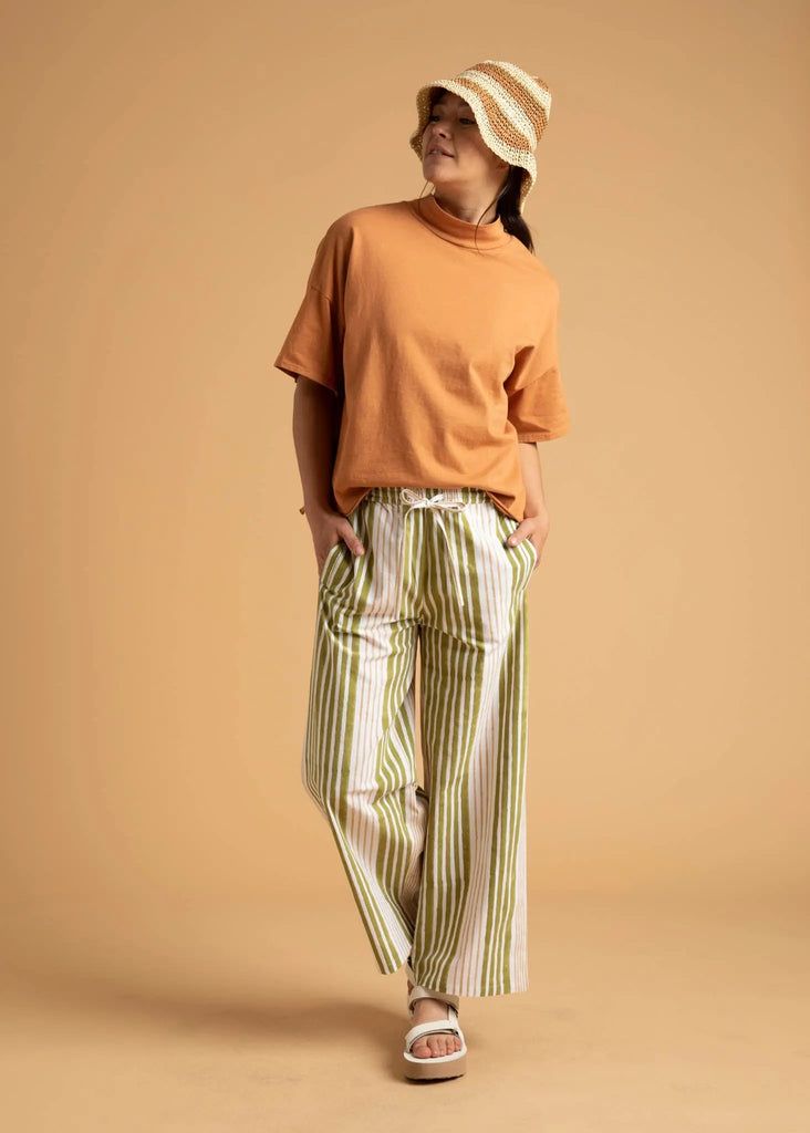 Shore Pant - Mixed Up Stripe Baked Clay & Olive Oil by And For Good And For Good