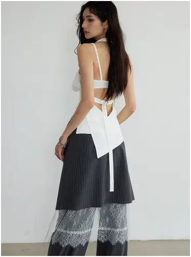 Shu Pinstripe Lace Skirt Pants by Marigold Shadows Marigold Shadows