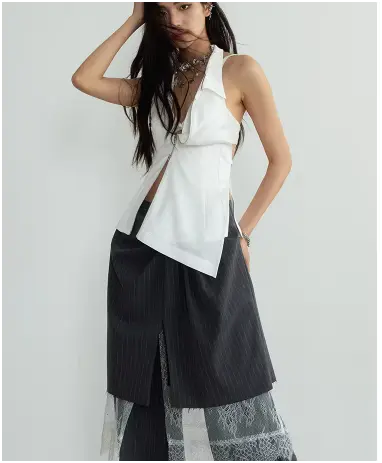 Shu Pinstripe Lace Skirt Pants by Marigold Shadows Marigold Shadows