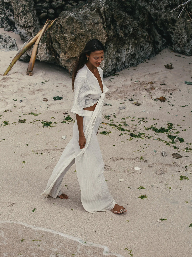 Skye Palazzo Pants - Natural With Gold Stripes by The Handloom The Handloom