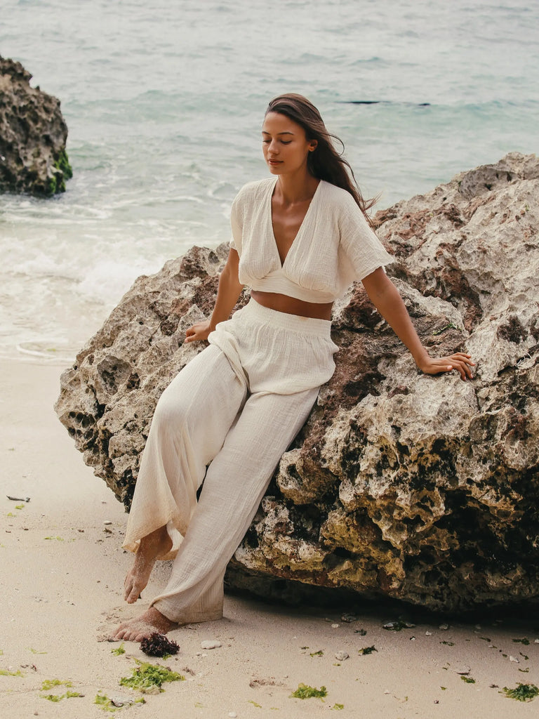 Skye Palazzo Pants - Natural With Gold Stripes by The Handloom The Handloom