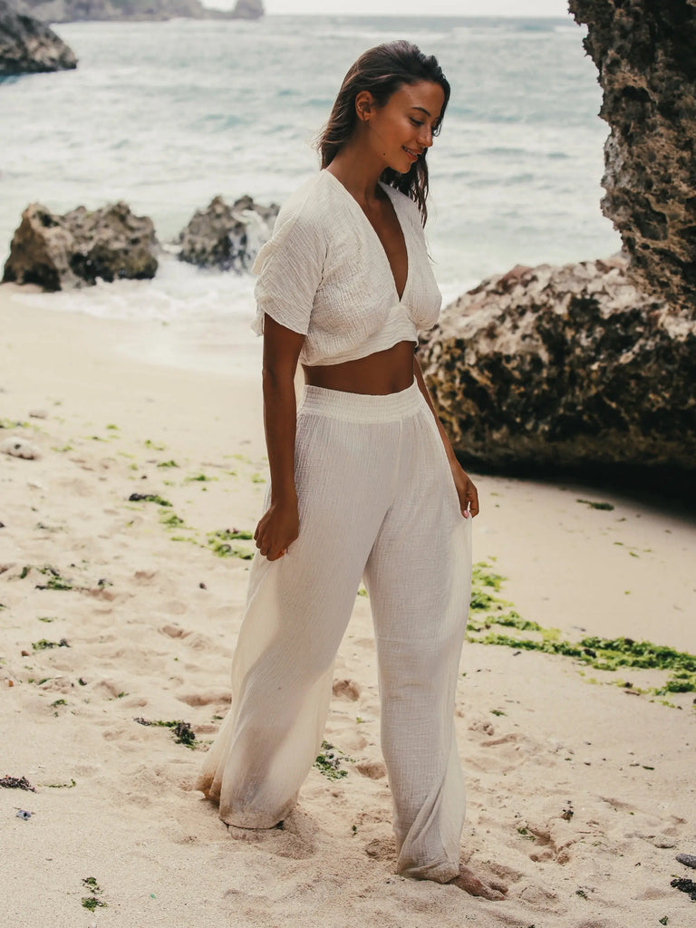 Skye Palazzo Pants - Natural With Gold Stripes by The Handloom The Handloom