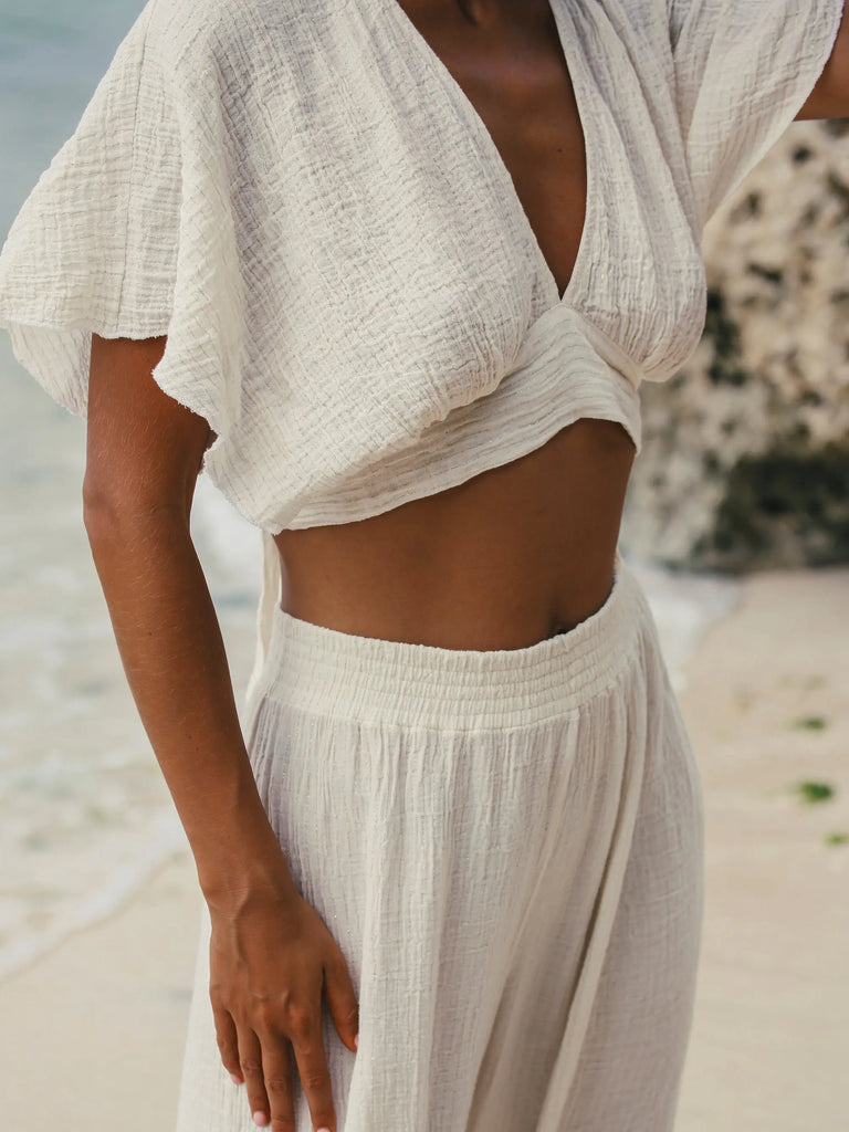 Skye Palazzo Pants - Natural With Gold Stripes by The Handloom The Handloom