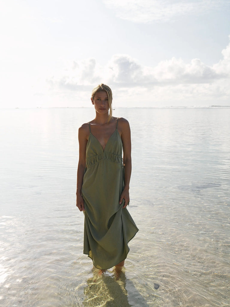 Sofia Ties Maxi Dress - Khaki Green by The Handloom The Handloom