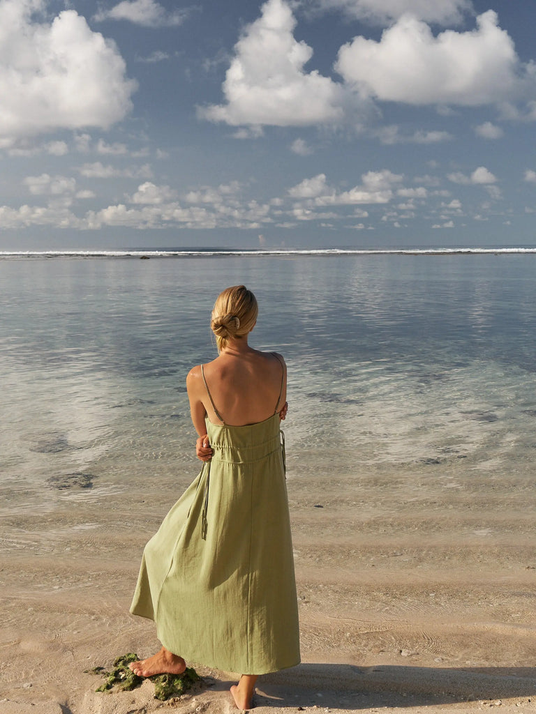 Sofia Ties Maxi Dress - Khaki Green by The Handloom The Handloom