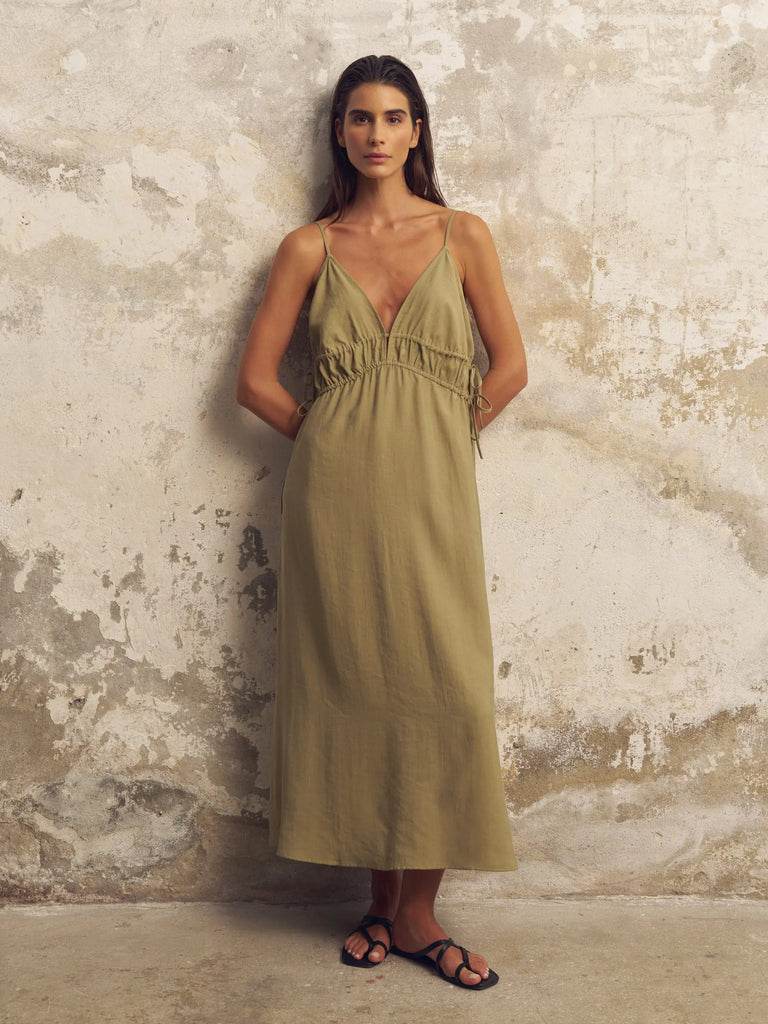 Sofia Ties Maxi Dress - Khaki Green by The Handloom The Handloom
