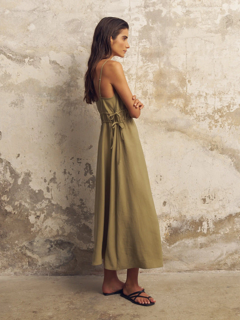 Sofia Ties Maxi Dress - Khaki Green by The Handloom The Handloom