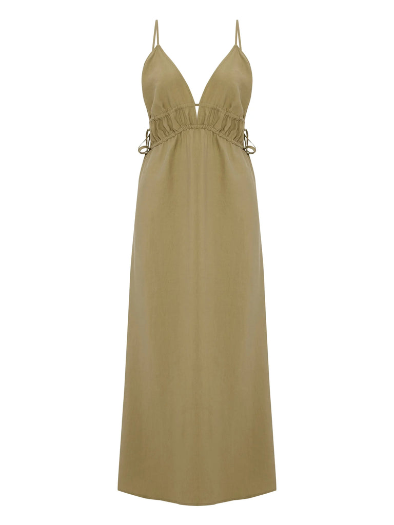Sofia Ties Maxi Dress - Khaki Green by The Handloom The Handloom