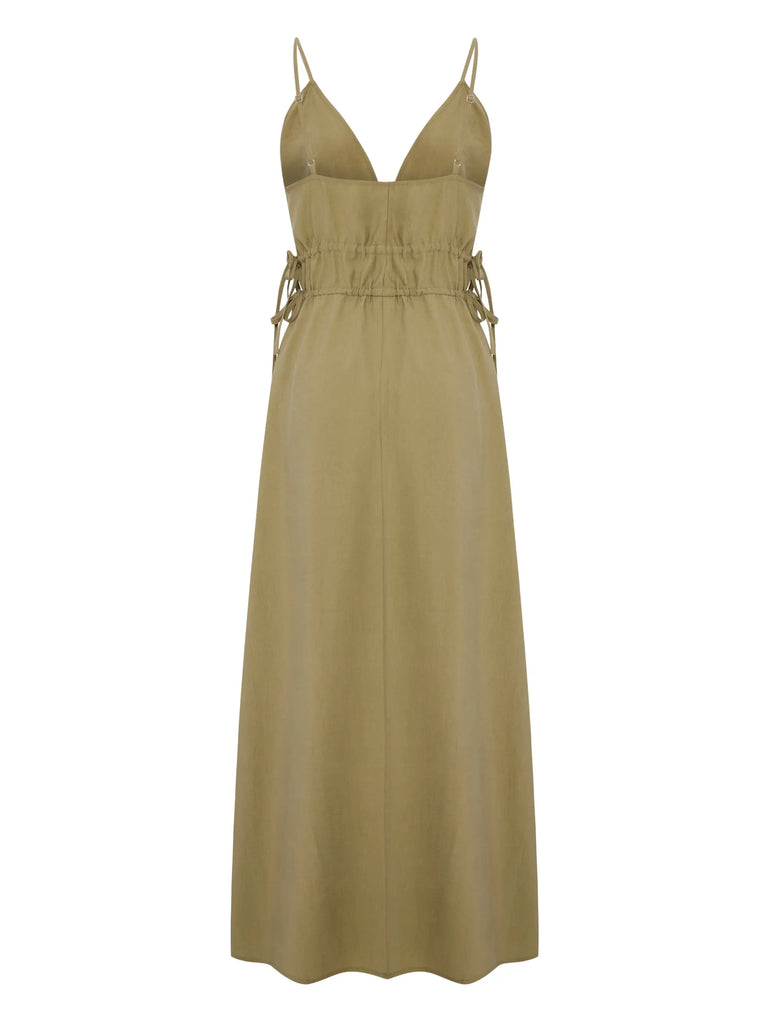 Sofia Ties Maxi Dress - Khaki Green by The Handloom The Handloom
