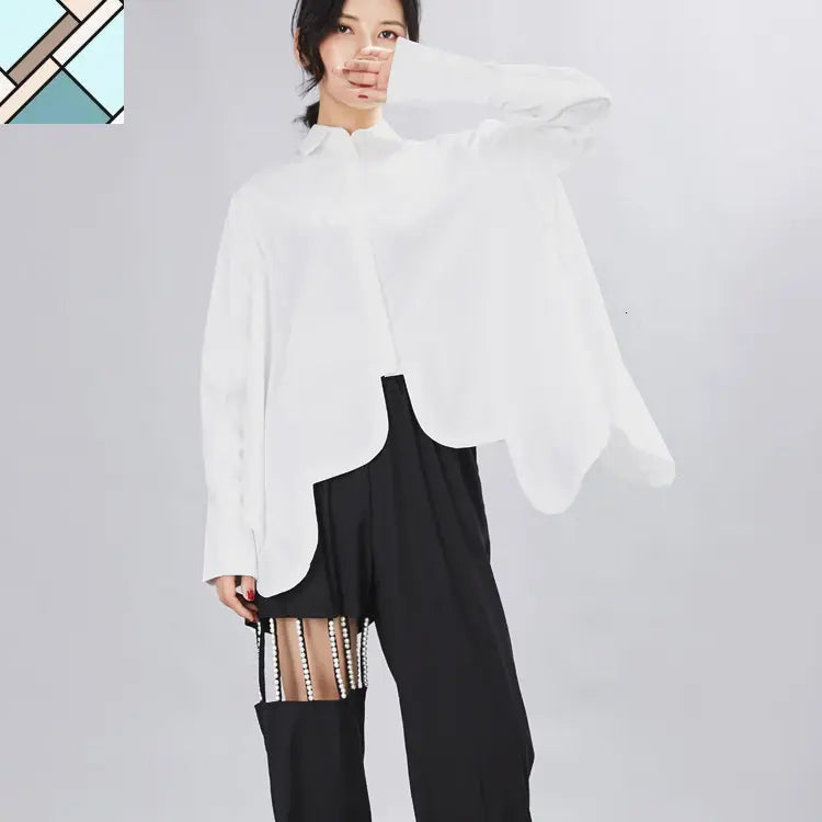 Sonoya Lapel Long Sleeve Irregular Hem Shirt by Marigold Shadows MARIGOLD SHADOWS