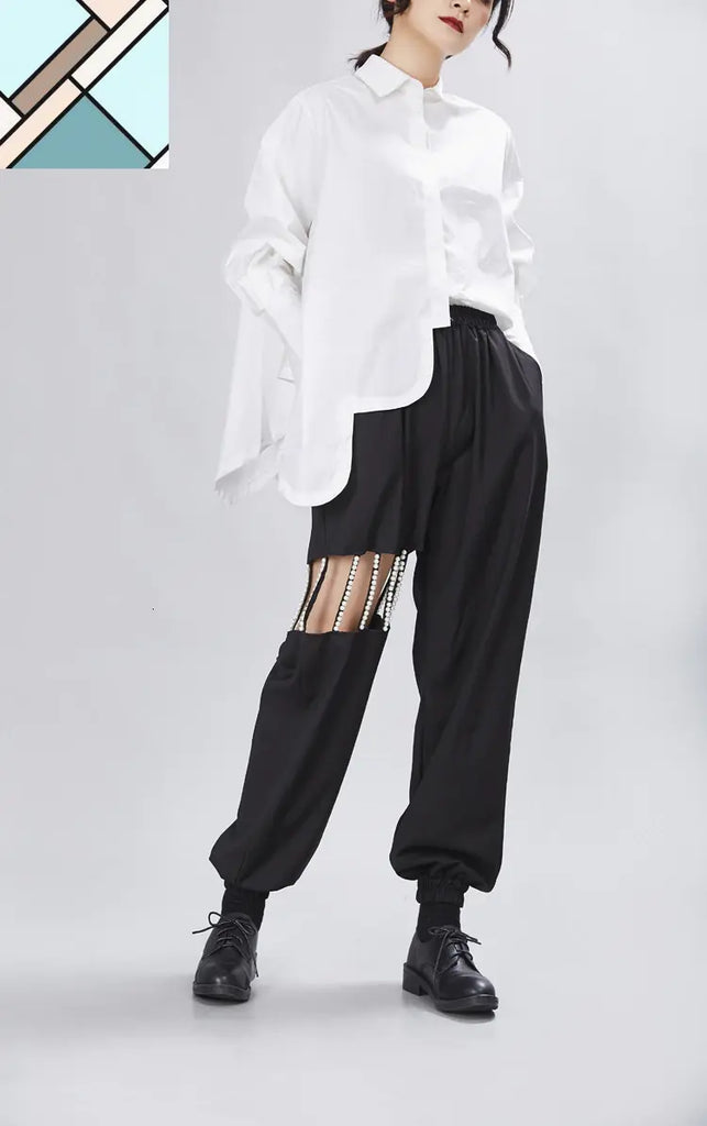 Sonoya Lapel Long Sleeve Irregular Hem Shirt by Marigold Shadows MARIGOLD SHADOWS