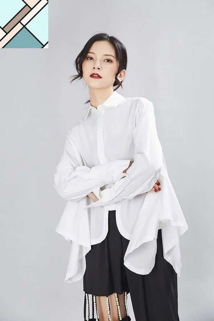 Sonoya Lapel Long Sleeve Irregular Hem Shirt by Marigold Shadows MARIGOLD SHADOWS