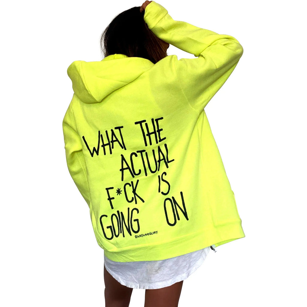 'WAIT WHAT' PAINTED ZIP UP HOODIE by Wren + Glory Wren + Glory