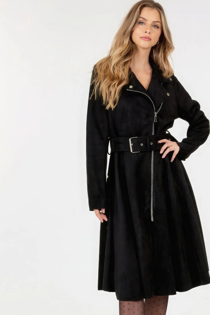 Waist Belt Tacked Faux Suede Coat Solid Coat by VYSN VYSN