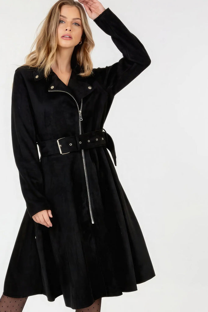 Waist Belt Tacked Faux Suede Coat Solid Coat by VYSN VYSN