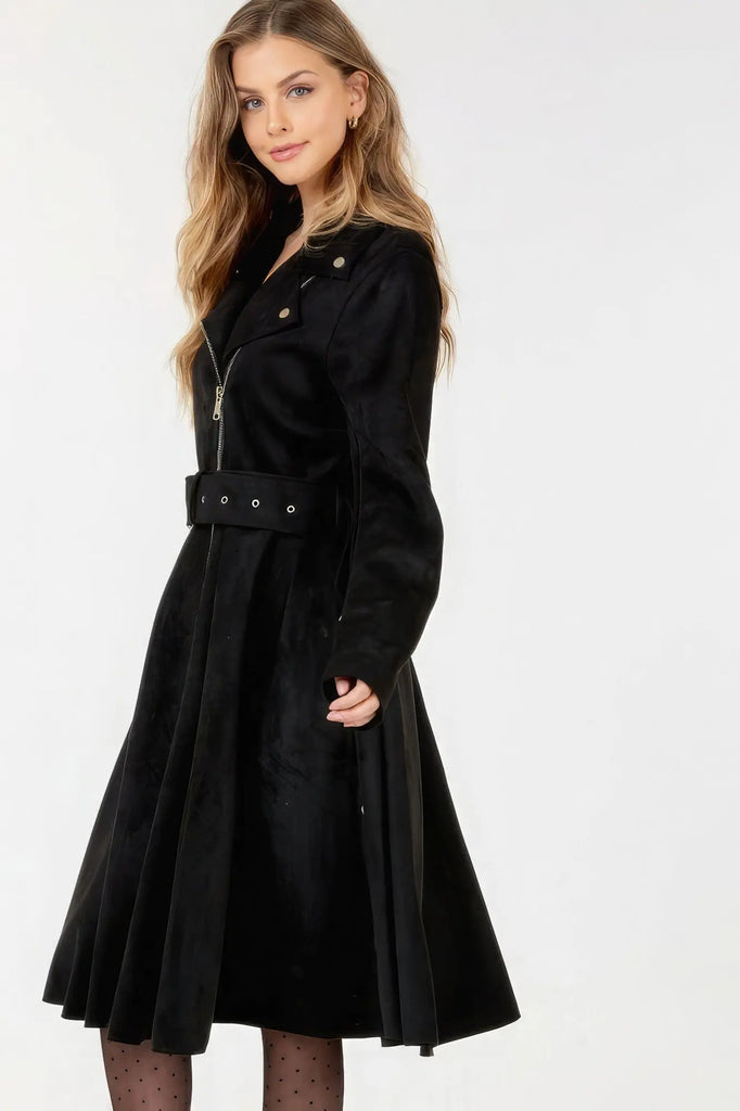 Waist Belt Tacked Faux Suede Coat Solid Coat by VYSN VYSN