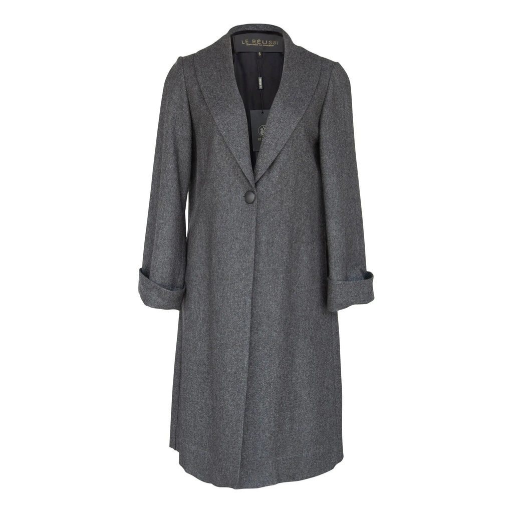 Le Réussi® Fashion - Luxurious Gray Worsted Flannel Long Trench Coat Timeless Elegance in Every Detail.