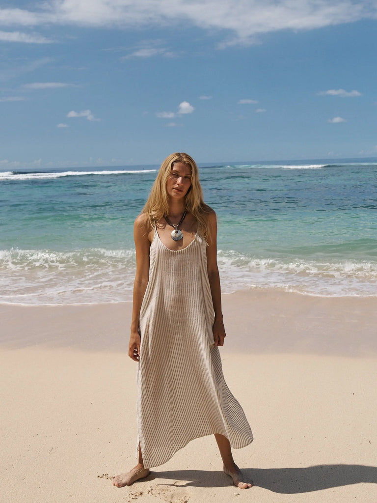 Yaz Dress - Khaki Green Stripes by The Handloom The Handloom